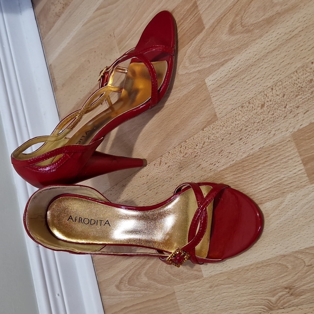 Red sandals with 4 in heels